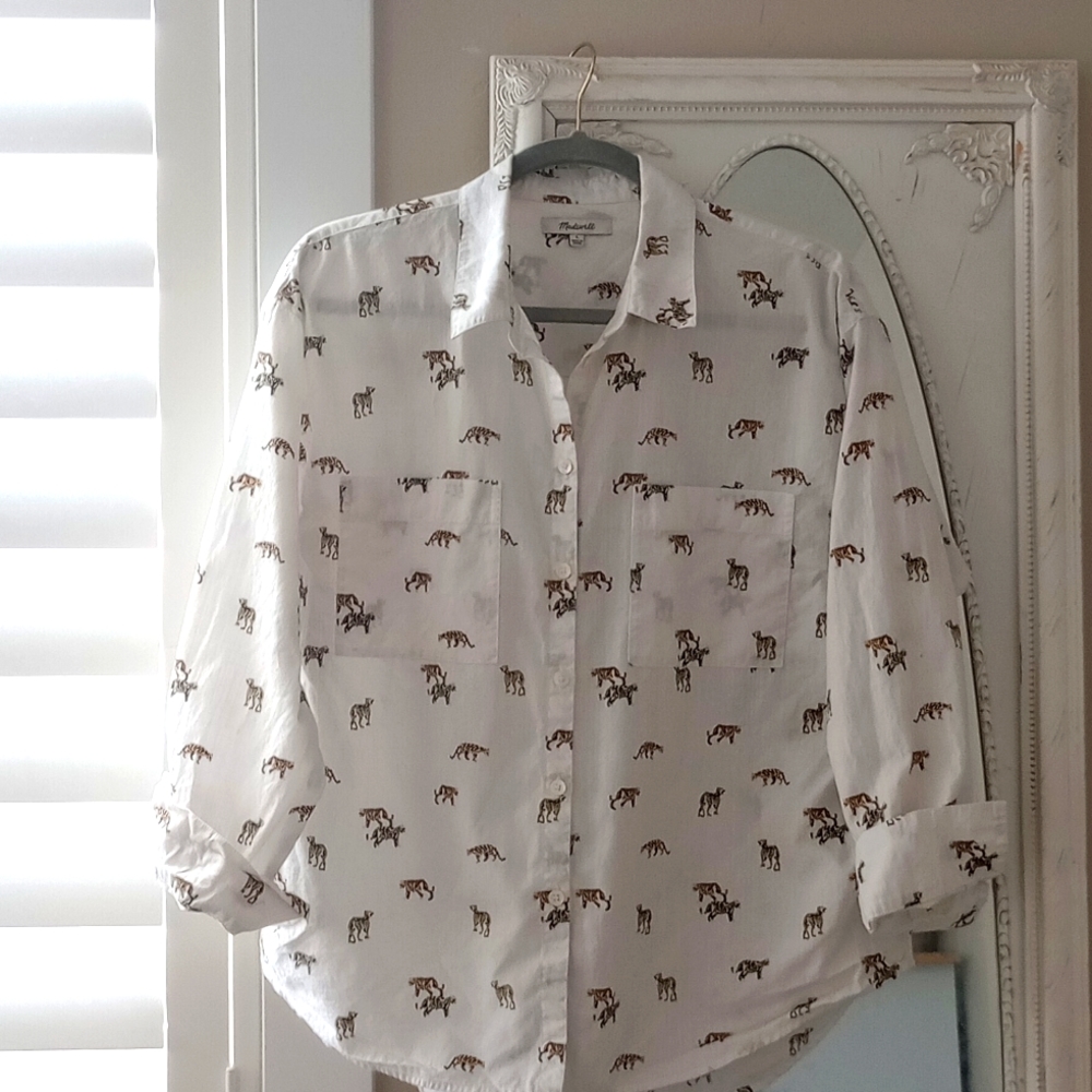 MADEWELL Graphic Print Oversized Boyfriend Button Up Collar Shirt Leapord Large